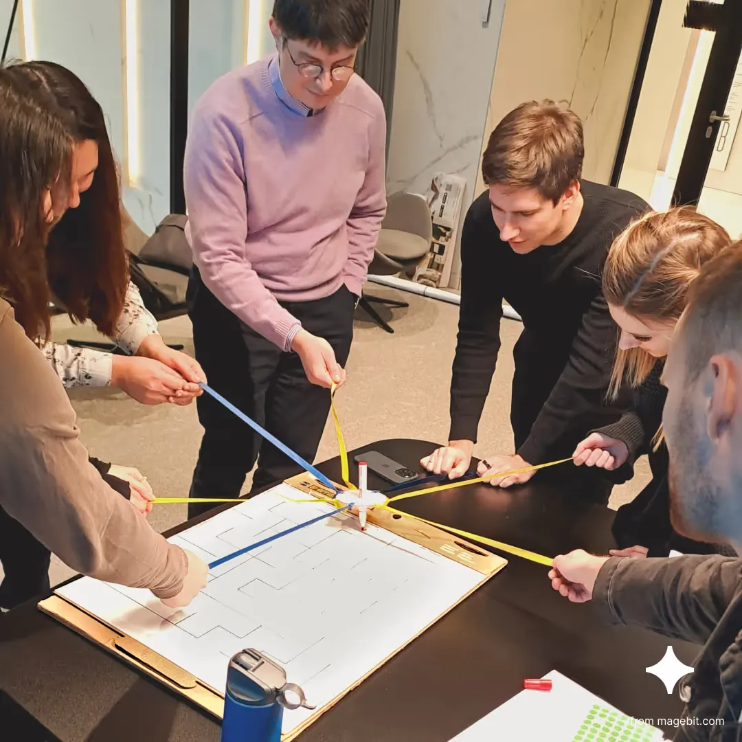 Magebit employees participating in "coordination maze" activity.