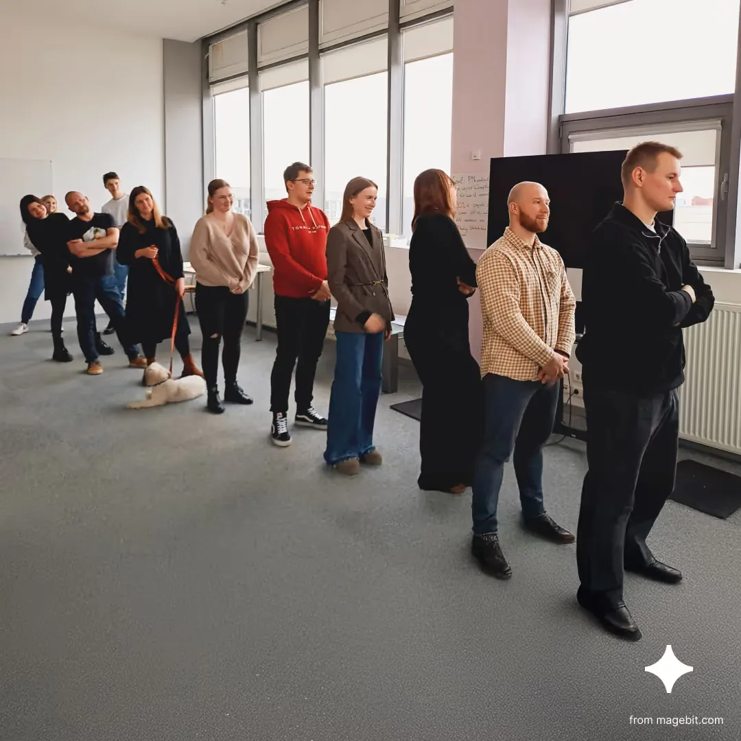 Magebit employees taking part in a silent movement chain activity.