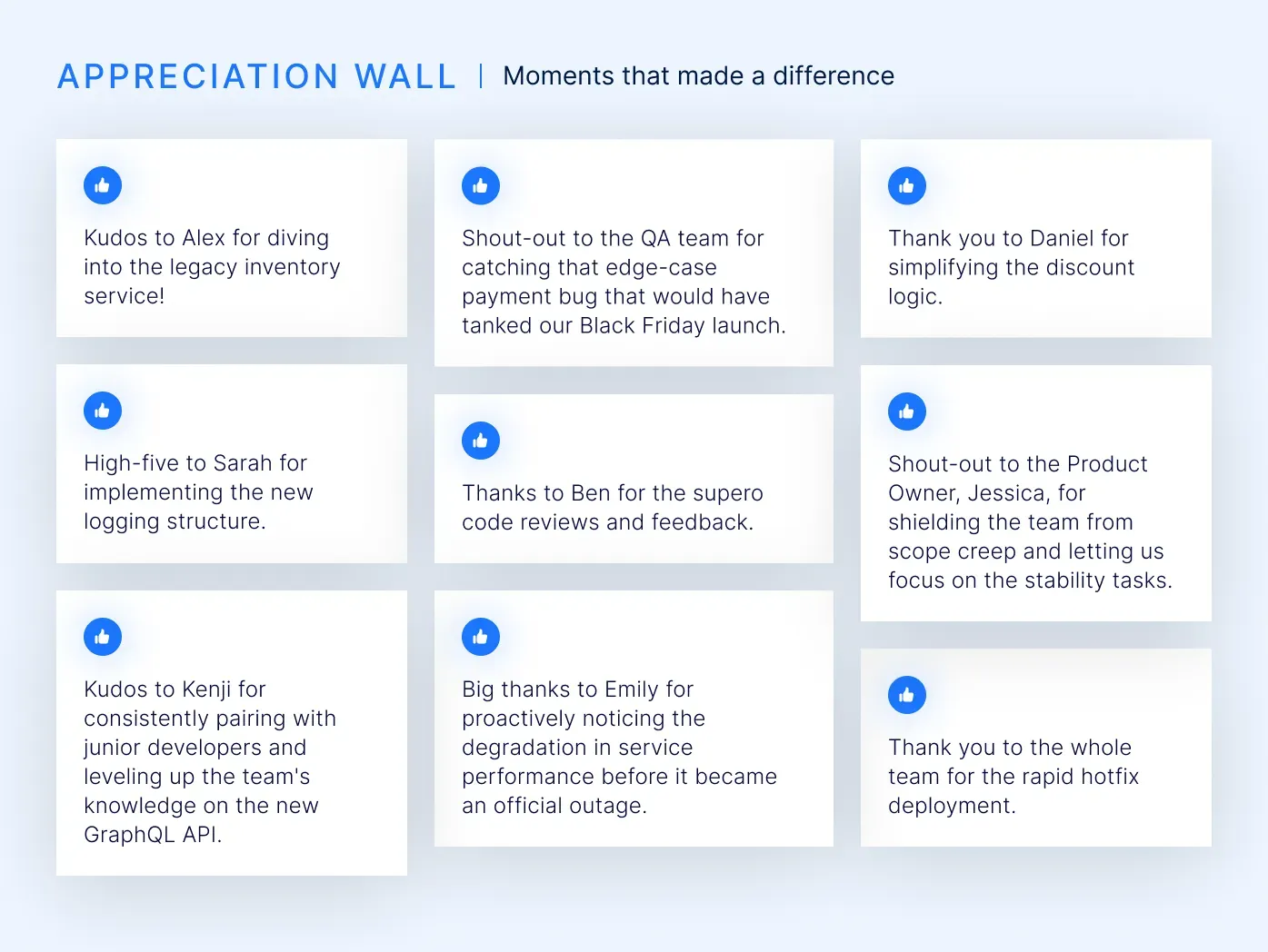 Example of a Kudos (appreciation) wall.