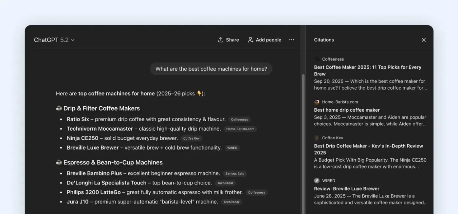 Results for a search of “the best coffee machine”, with the generative response on the left and the citation list on the right.