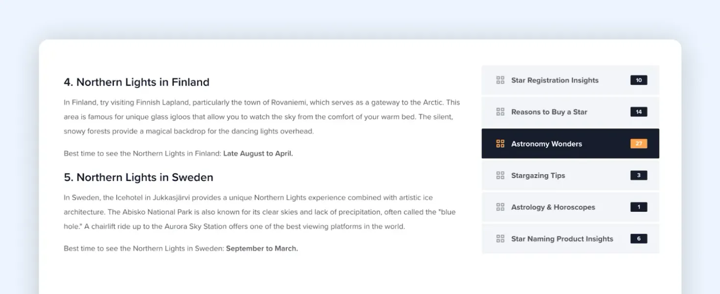 An excerpt of a guide titled “Where to See the Northern Lights” by Label Stars, consisting of short, direct paragraphs, from which it is easy to extract information.