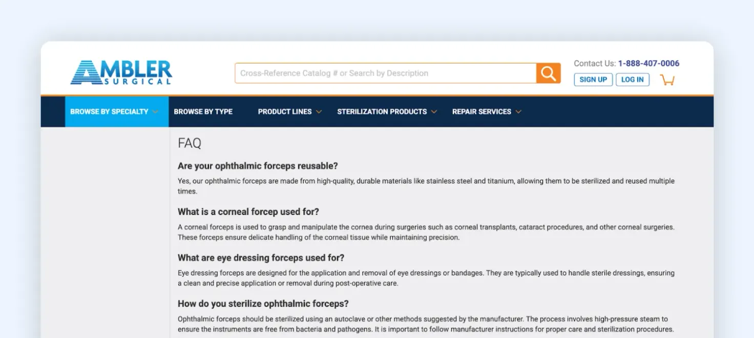 Ambler Surgical, adding an FAQ section to their category pages.
