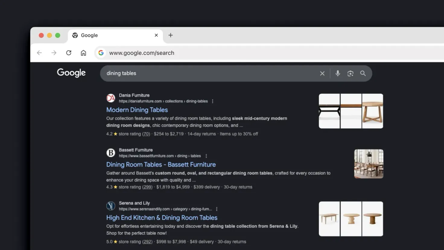 The top unpaid results for the search “dining table”.