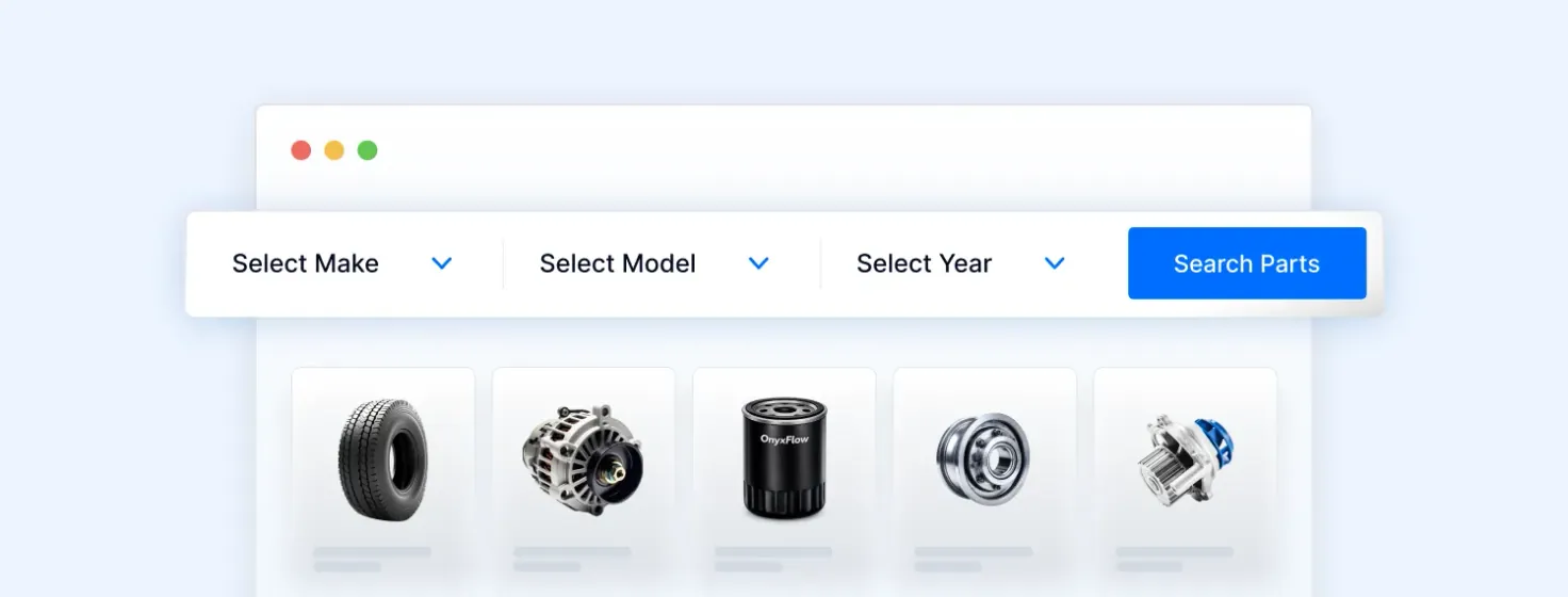 A mockup of a Year/Make/Model search bar with dropdown menus: "Year," "Make," and "Model."