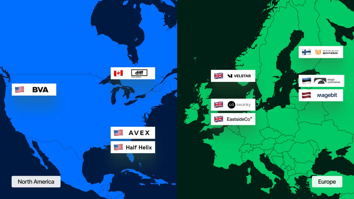 Map of the top Shopify agencies by headquarters across North America and Europe