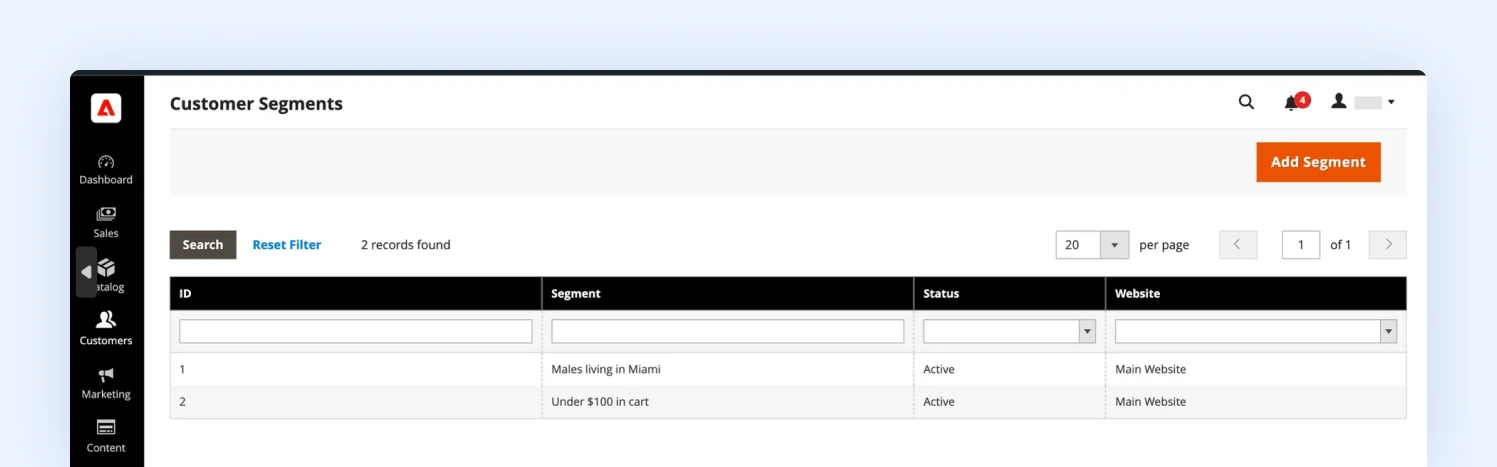 Customer Segments grid in the Adobe Commerce Admin showing two active segments: Males living in Miami and Under $100 in cart