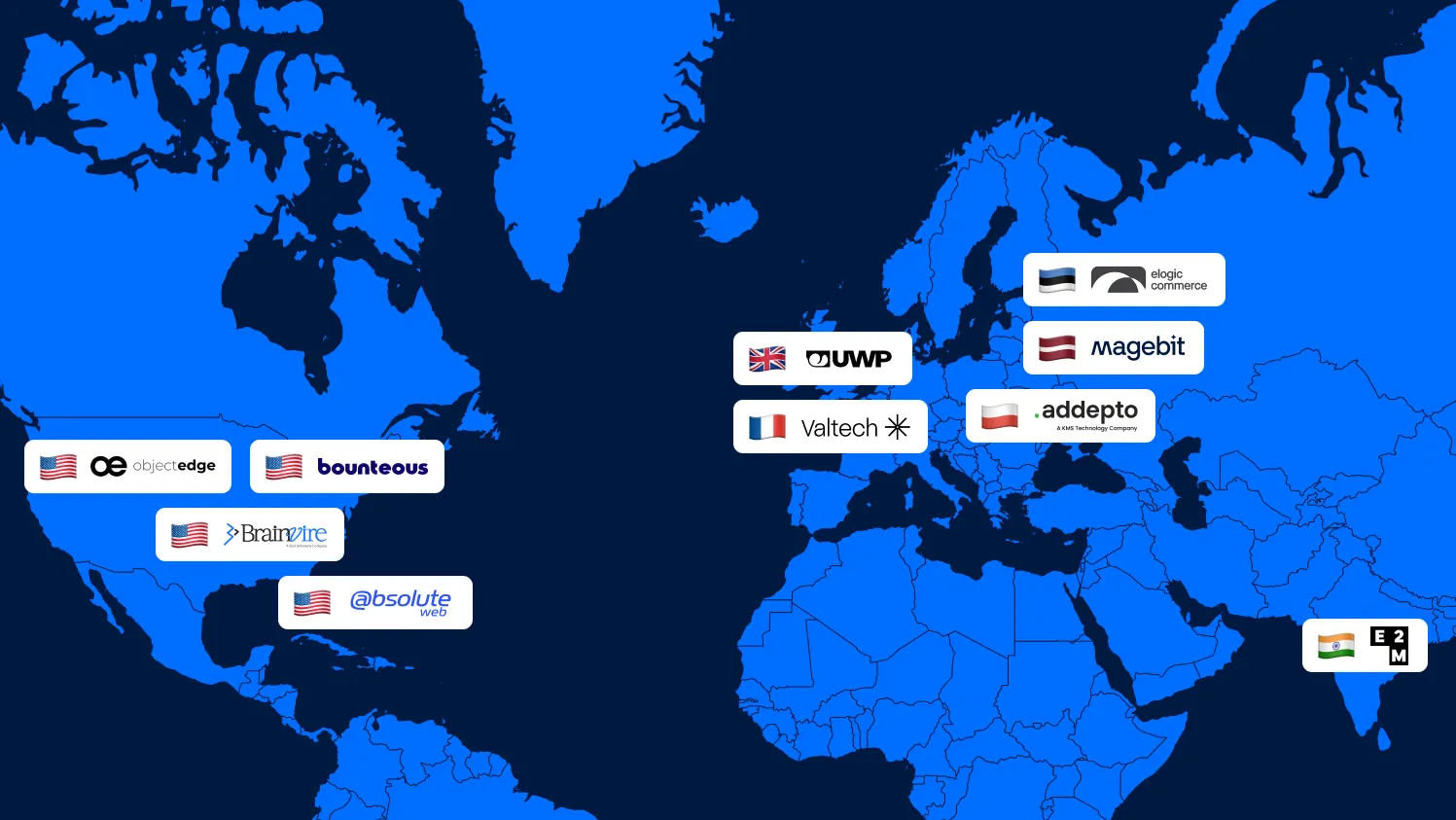 World map with the logos of the ten top AI implementation agencies pinned to their headquarters in the United States, the United Kingdom, France, Estonia, Latvia, Poland and India