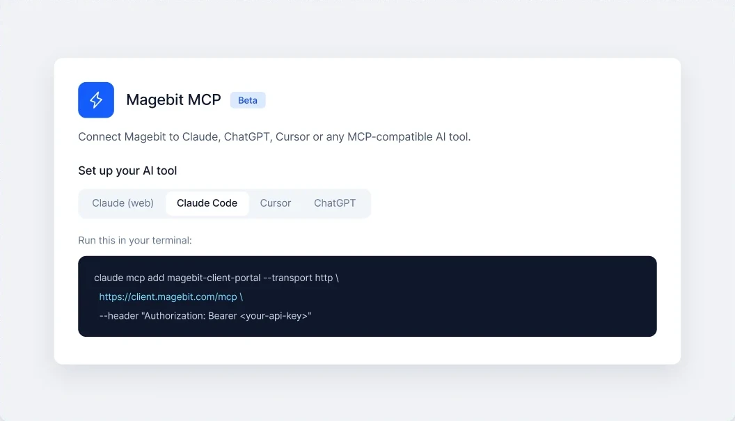 The Magebit MCP setup panel, connecting the Client Portal to Claude, ChatGPT or Cursor.