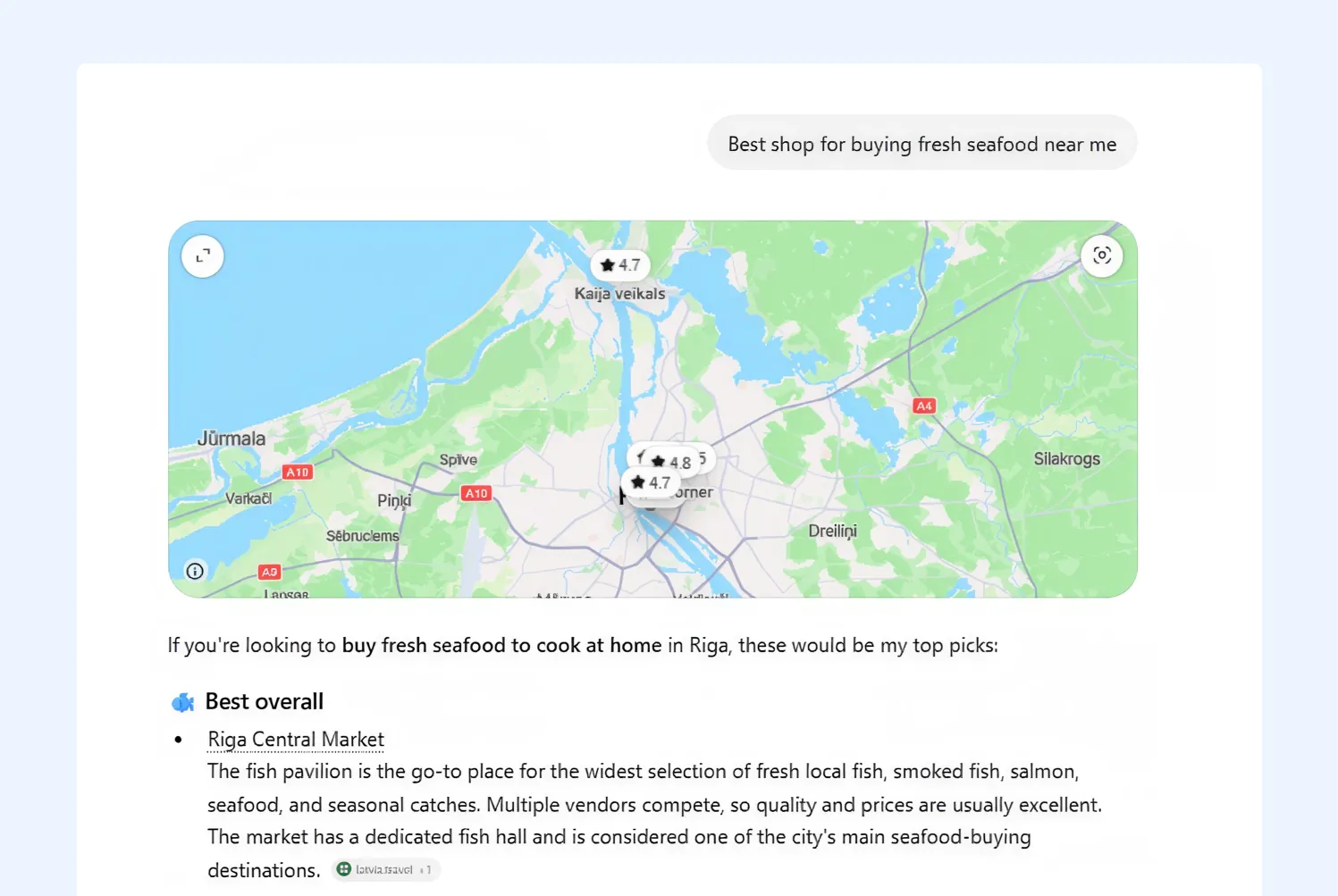 An AI assistant answering "Best shop for buying fresh seafood near me" with a map of rated stores and a ranked list of local recommendations.