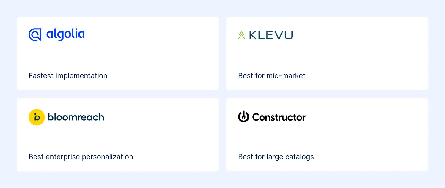 Comparison of the top AI apps for e-commerce search and merchandising: Algolia, Klevu, Bloomreach and Constructor