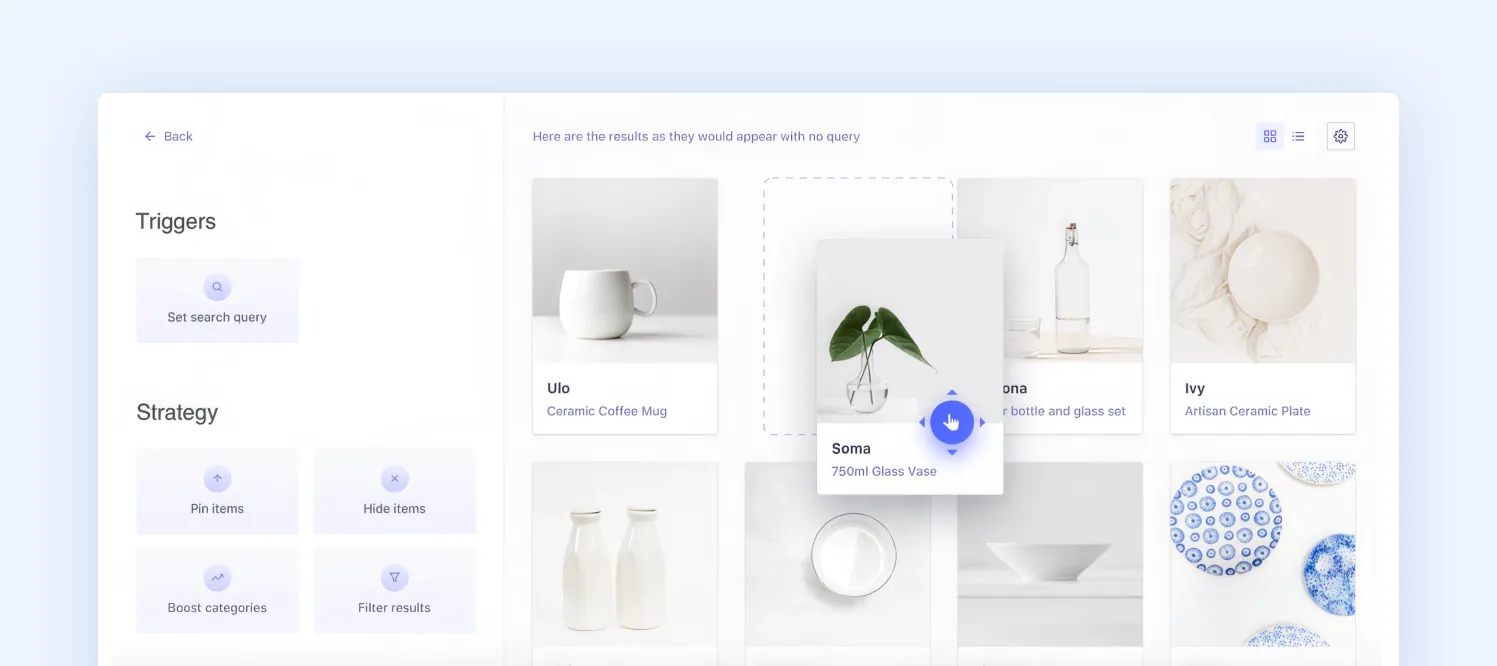 Algolia Visual Editor showing triggers and strategies for pinning, hiding, and boosting products in search results