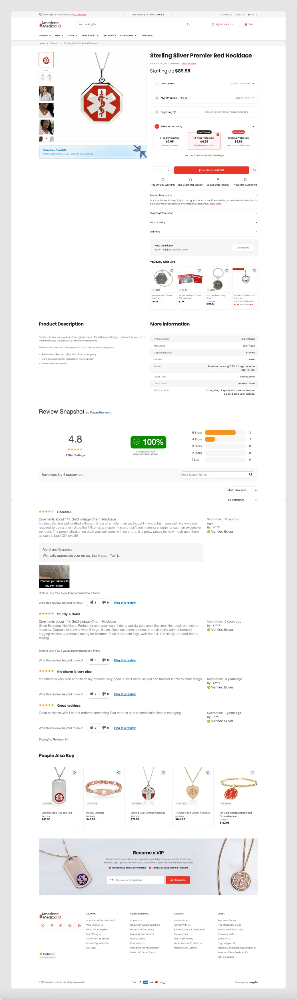 An American Medical ID product page with the engraving and warranty options