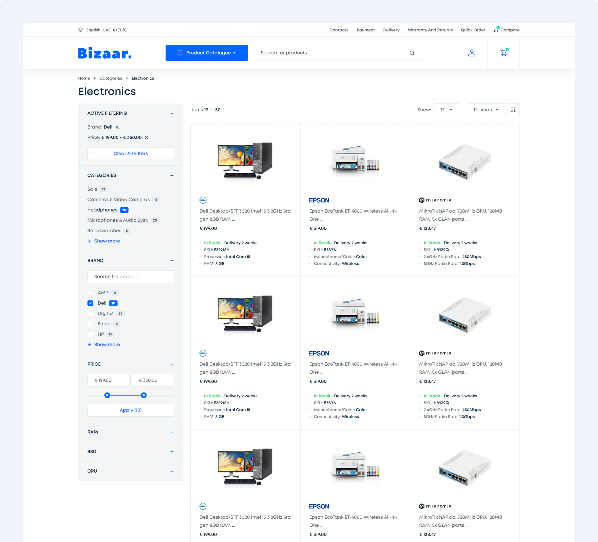 A Bizaar category page with brand and spec filters