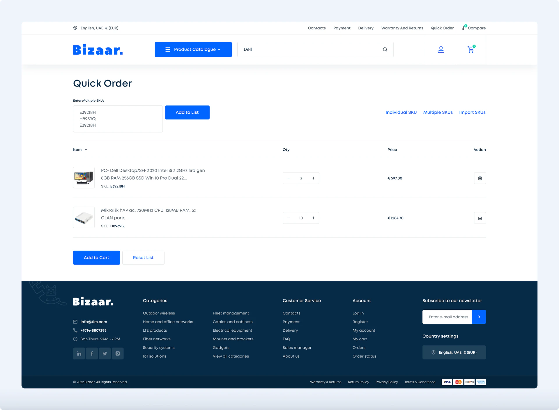 The Bizaar quick order page for trade buyers