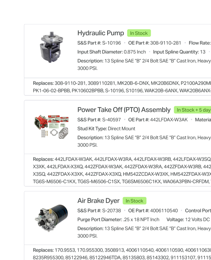 Parts listing with OE numbers and interchange references