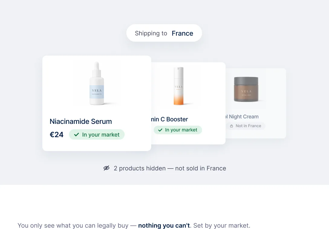 Search results marked in-market or unavailable for the shipping country