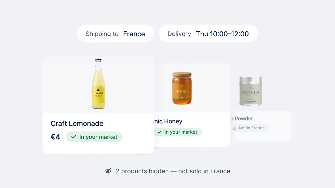 Products filtered for the shopper’s market with shippable tiles