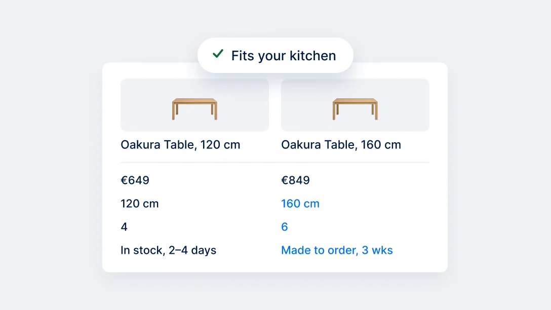 Side-by-side spec comparison of two dining tables