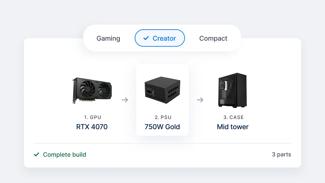 Search results filtered to parts compatible with the current build