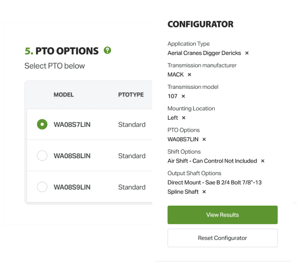 PTO options configurator with view results action