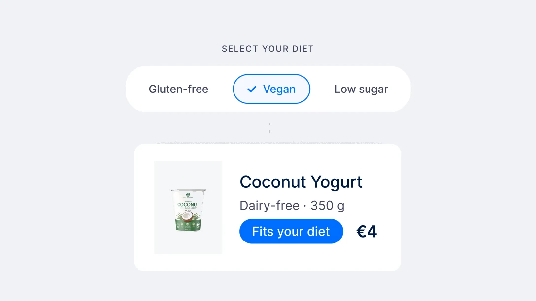 Diet chips with vegan selected and a coconut yogurt match card