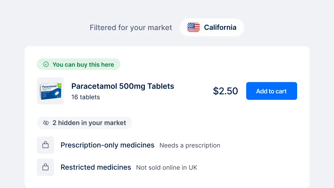 Results filtered for the California market, with prescription-only items locked