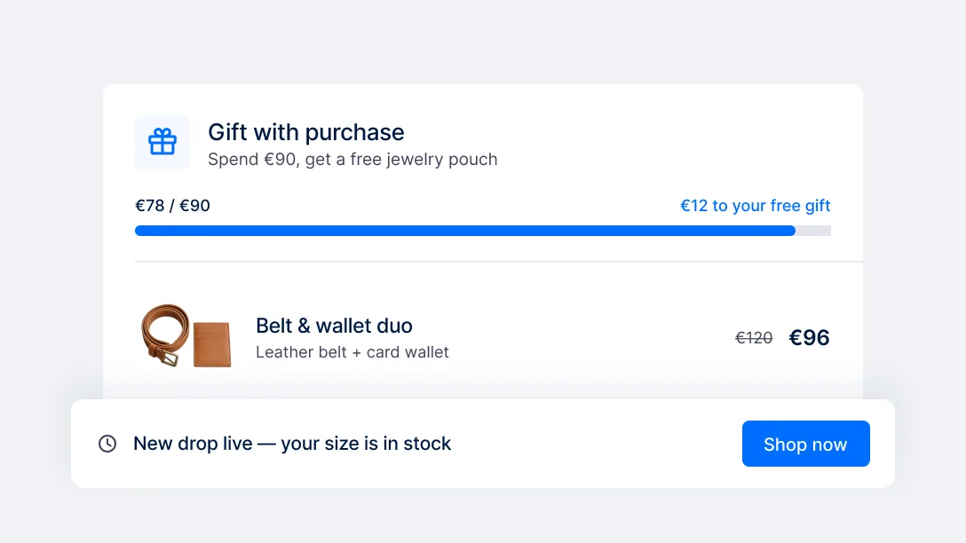 Gift-with-purchase bar, bundle offer and a new-drop notice