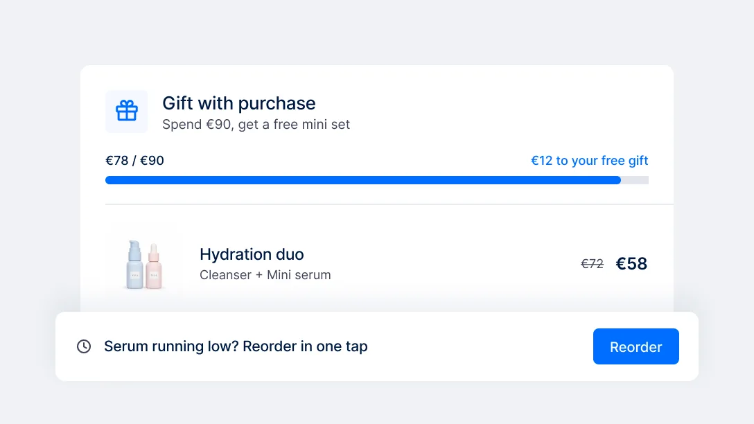 Gift-with-purchase progress, a discounted bundle and a reorder prompt