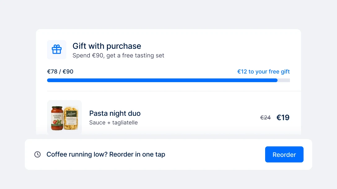 Gift-with-purchase progress and a one-tap reorder bar