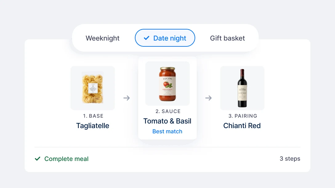 Date-night meal builder with base, sauce and pairing steps