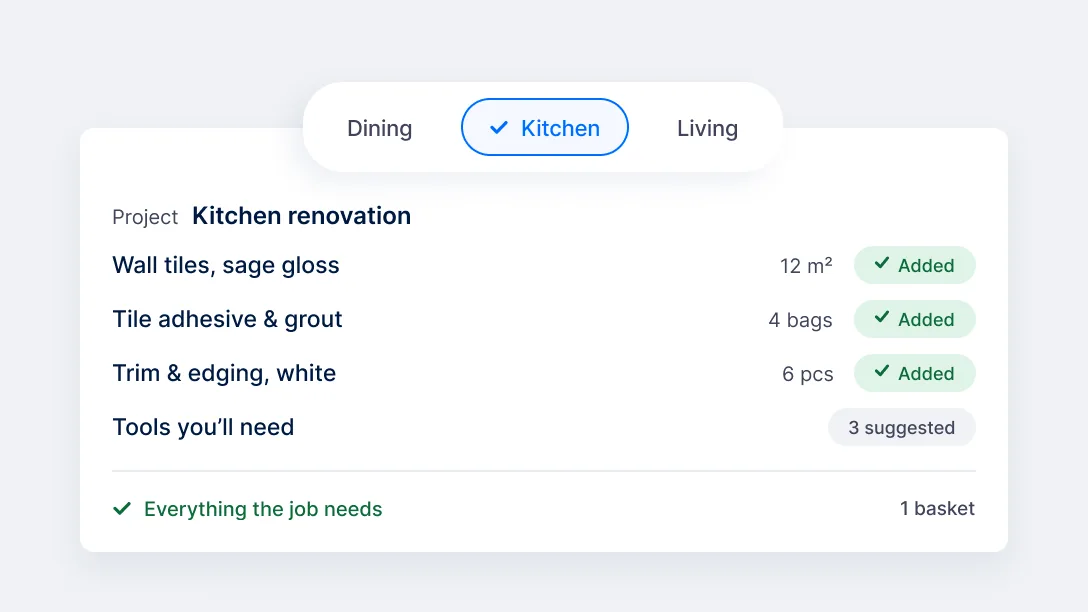 Kitchen project finder linking tiles, grout and tools into one basket