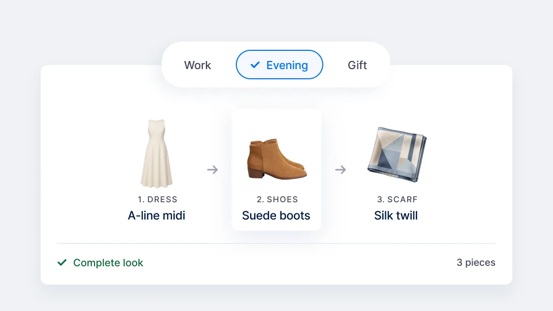 Evening look finder linking a dress, boots and scarf