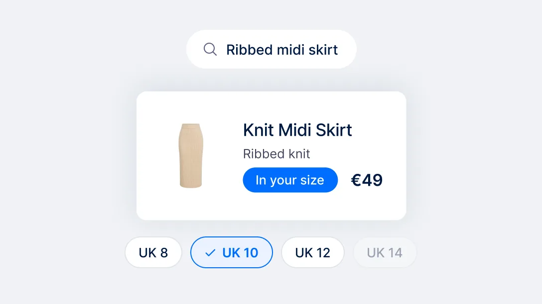 Knit midi skirt result with an in-your-size badge and UK size chips