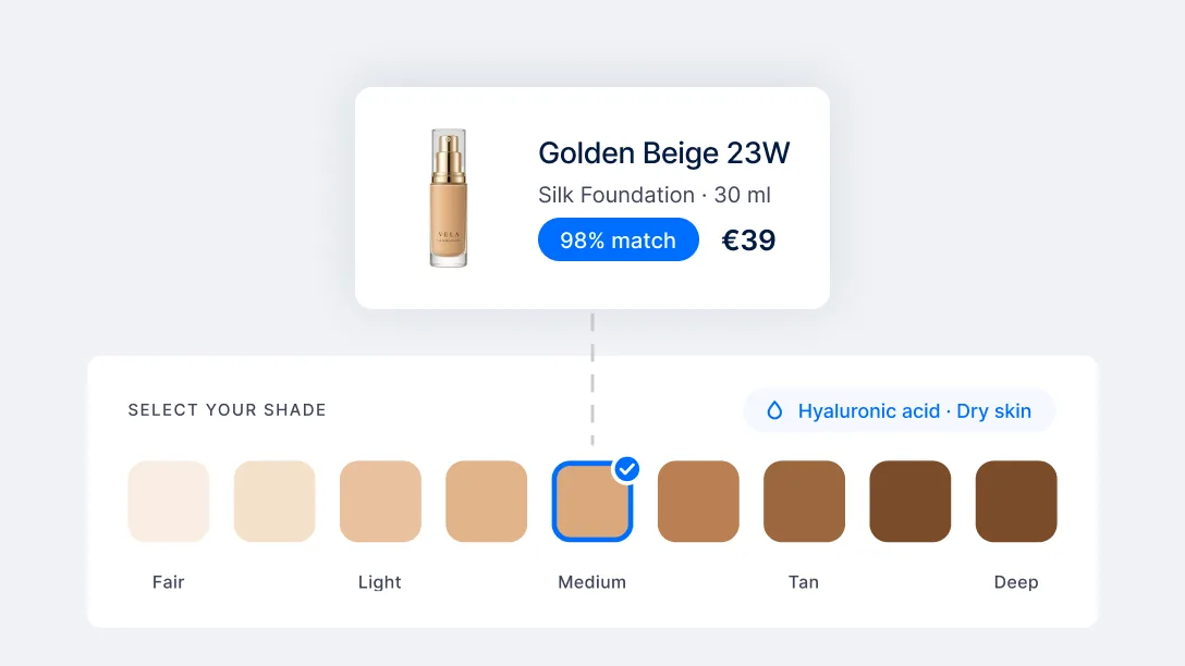 Shade swatches with a matched foundation, its size and a match score