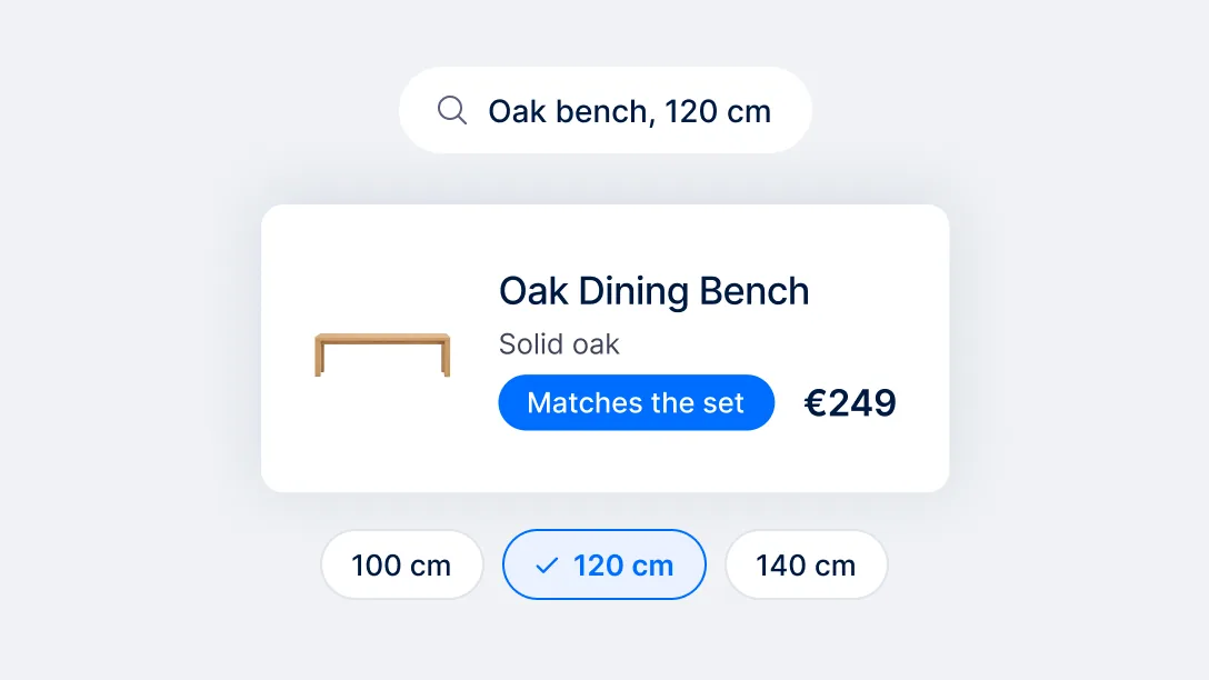Oak dining bench result with dimension chips and a matches-the-set badge
