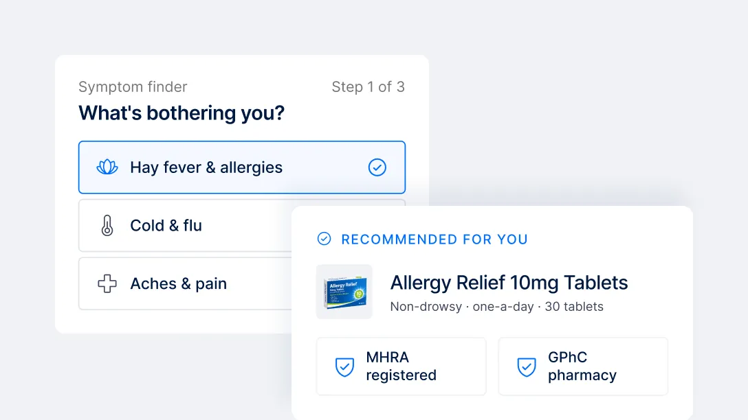 Symptom finder step asking what is bothering you, with a recommended allergy product