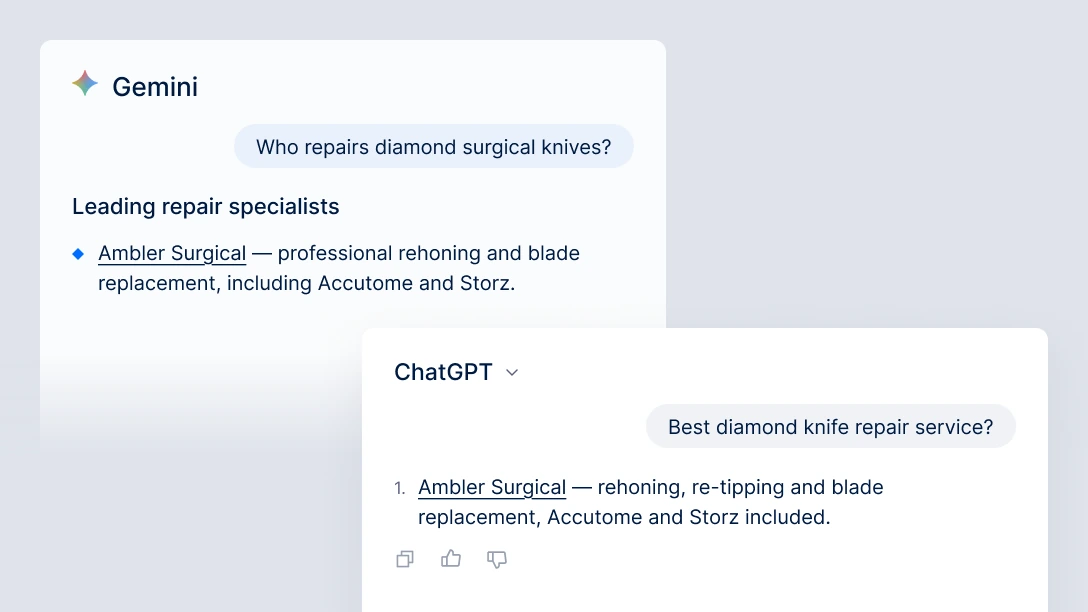 Gemini and ChatGPT both naming Ambler Surgical first for who repairs diamond surgical knives.