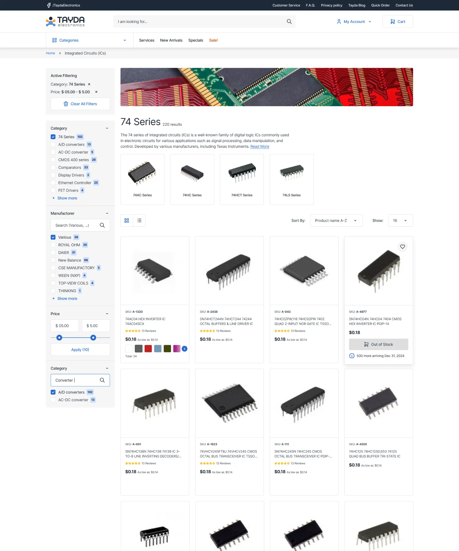Configurable electronics catalog listing with product tiles
