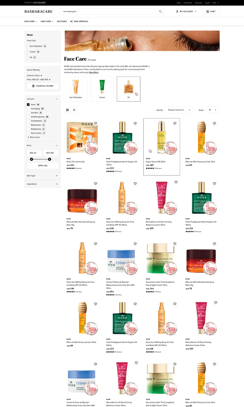 Beauty category listing with shade families and per-market product data