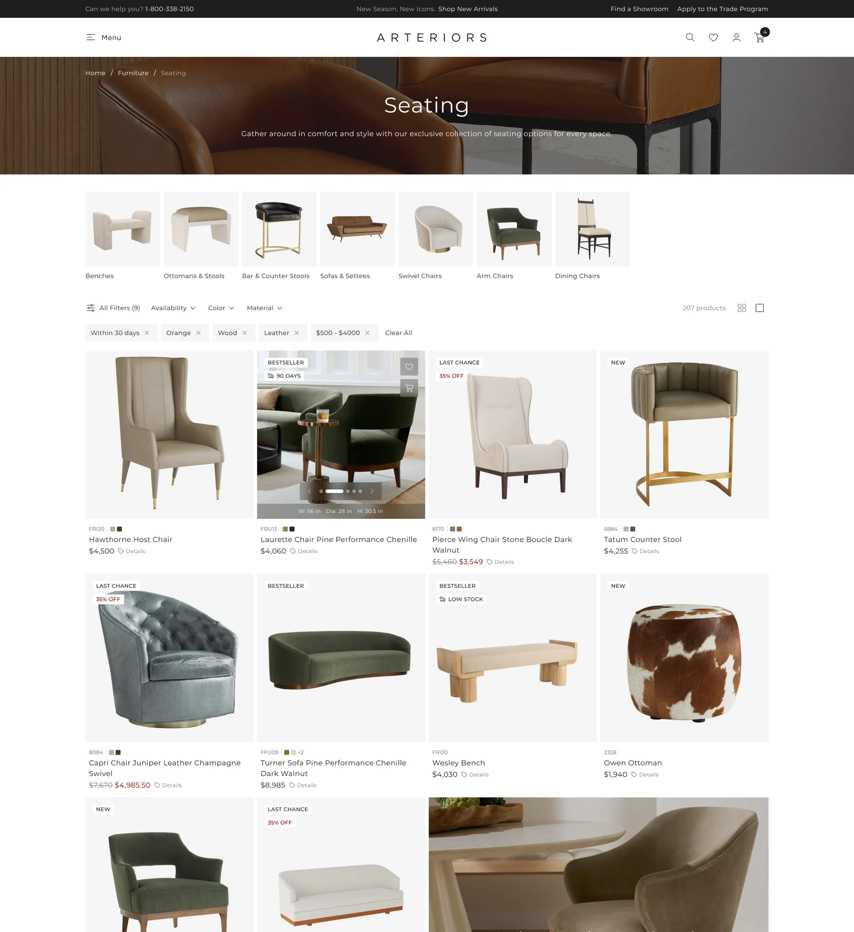 Arteriors seating catalog with size and variant families