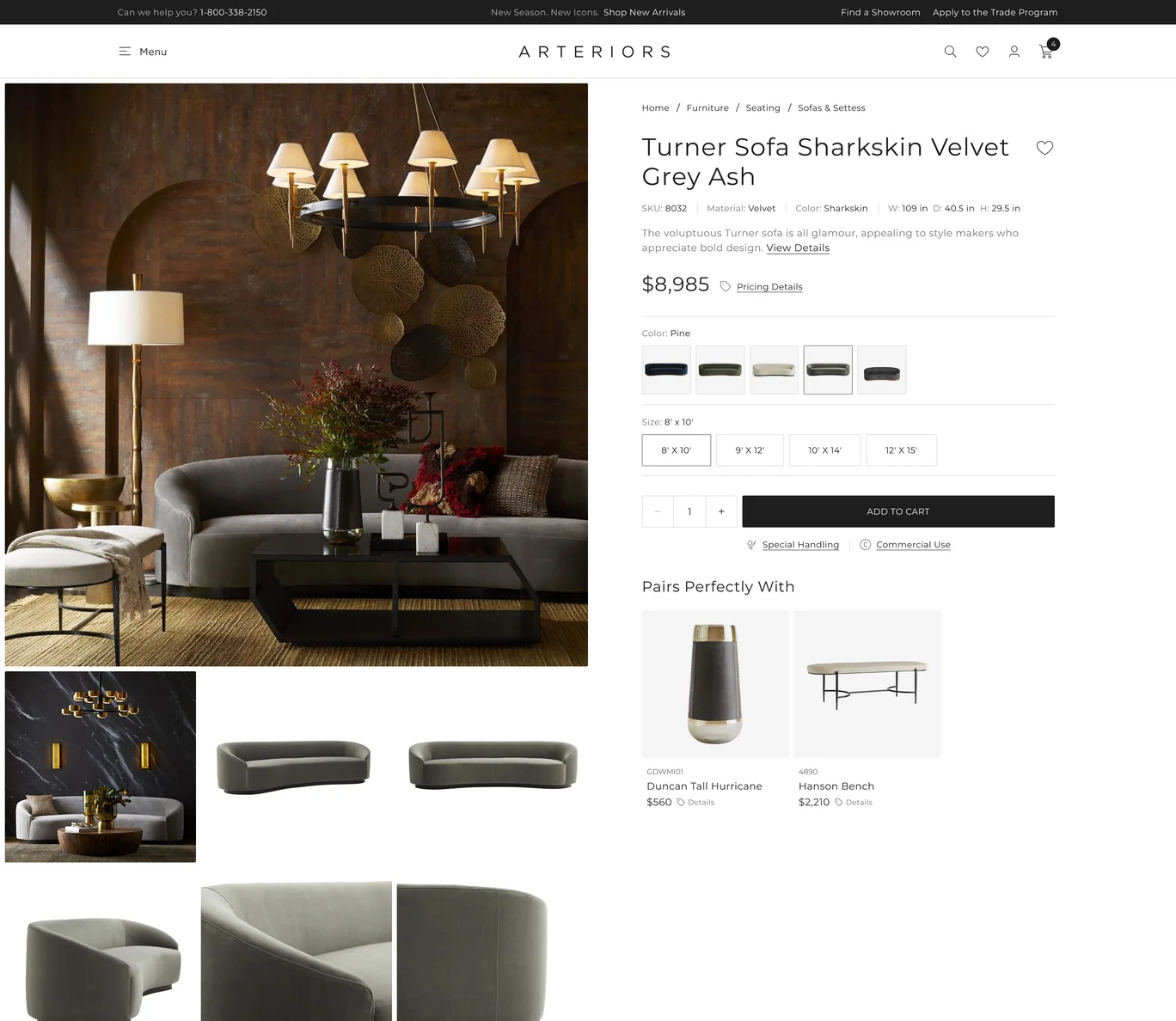 Arteriors product page with finish and collection families