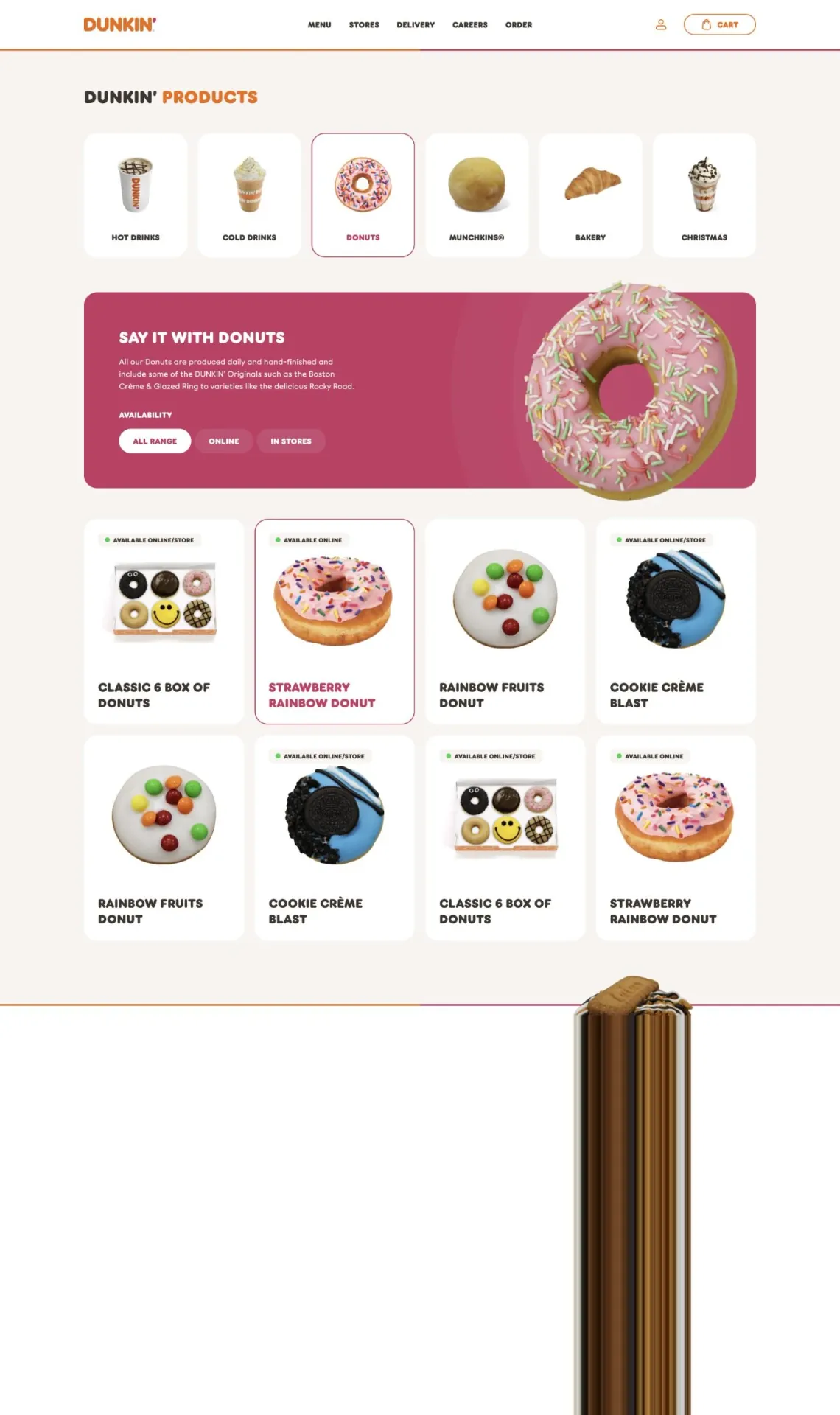 Dunkin' category listing with donut boxes and product tiles
