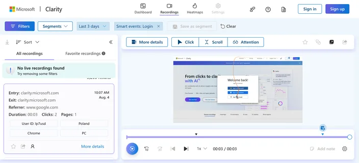A session recording playing in Microsoft Clarity, with click, scroll and attention overlays beside the session’s entry page, referrer and device.