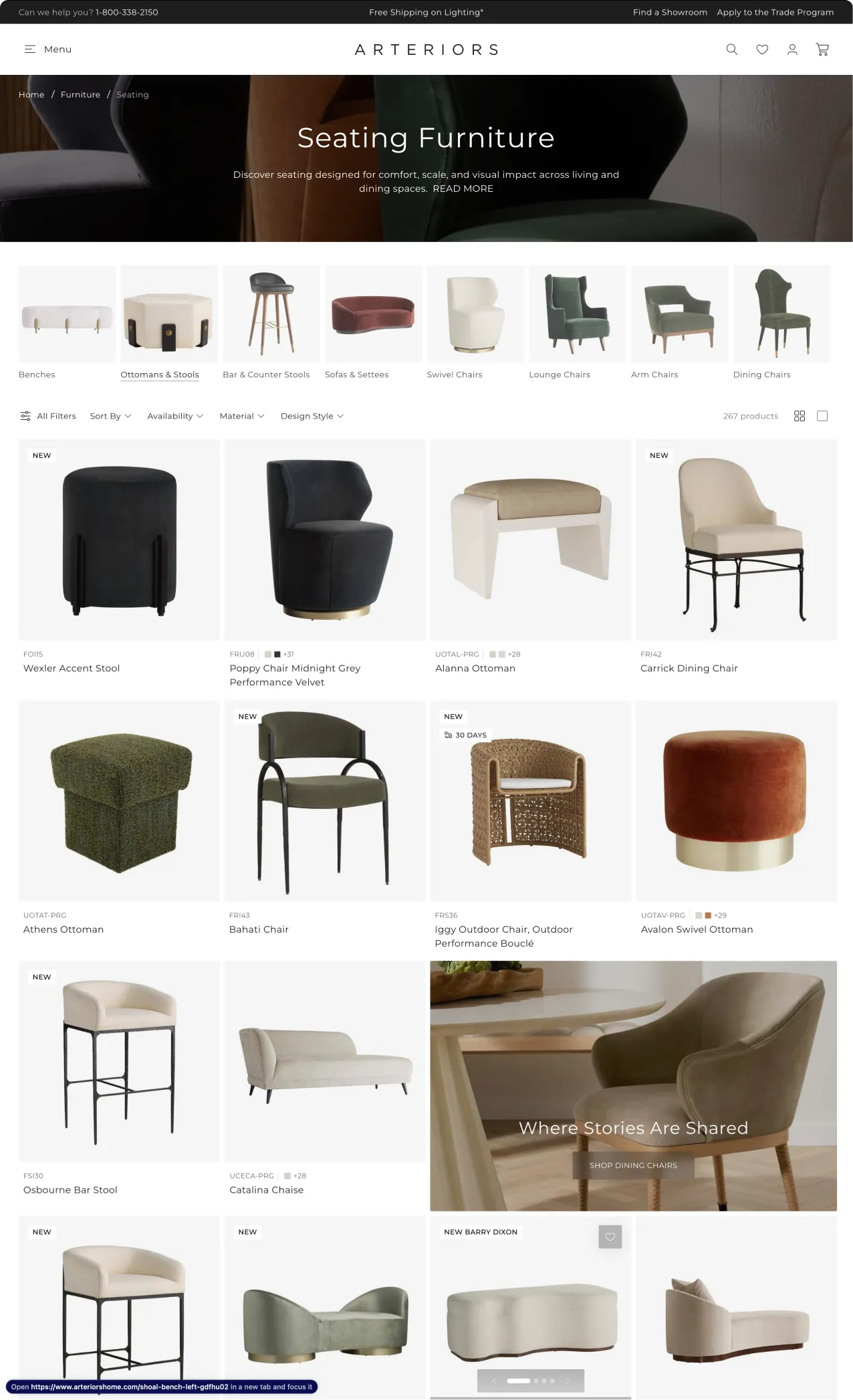 Arteriors seating furniture category page on desktop, with filters and a product grid.