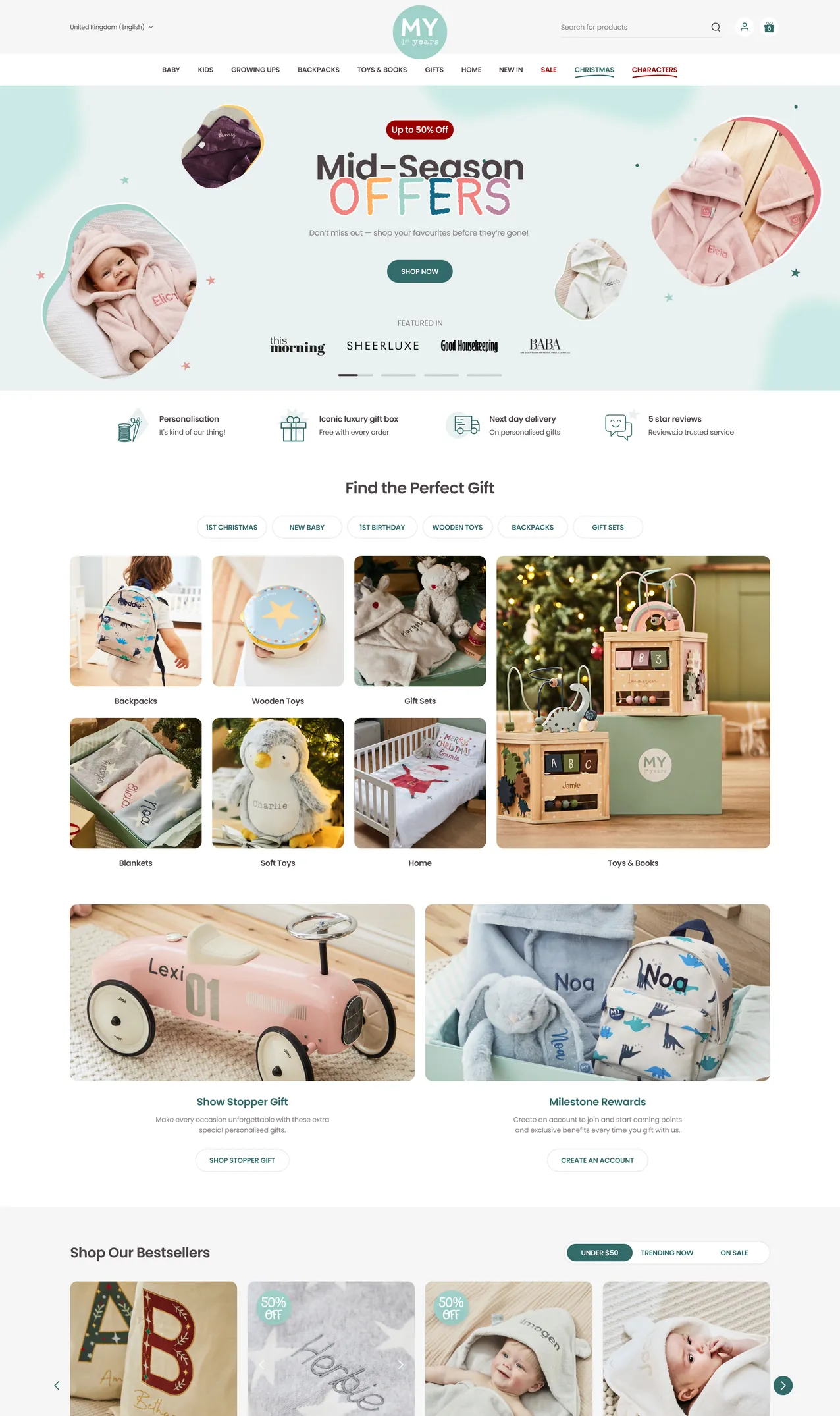 My 1st Years home page on desktop: the Mid-Season Offers hero and the Find the Perfect Gift grid.