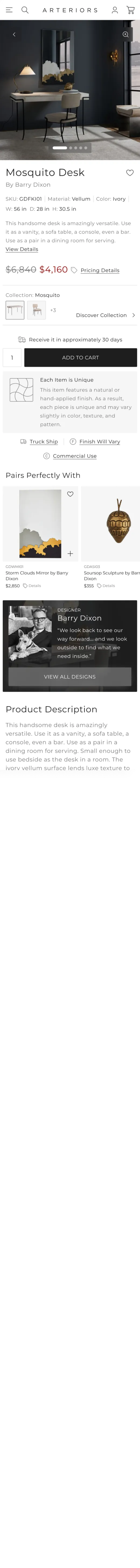 Arteriors Mosquito Desk product page on mobile, showing gallery, price and add to cart.