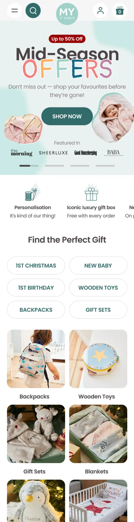 My 1st Years home page on mobile: the Mid-Season Offers hero and gift categories.