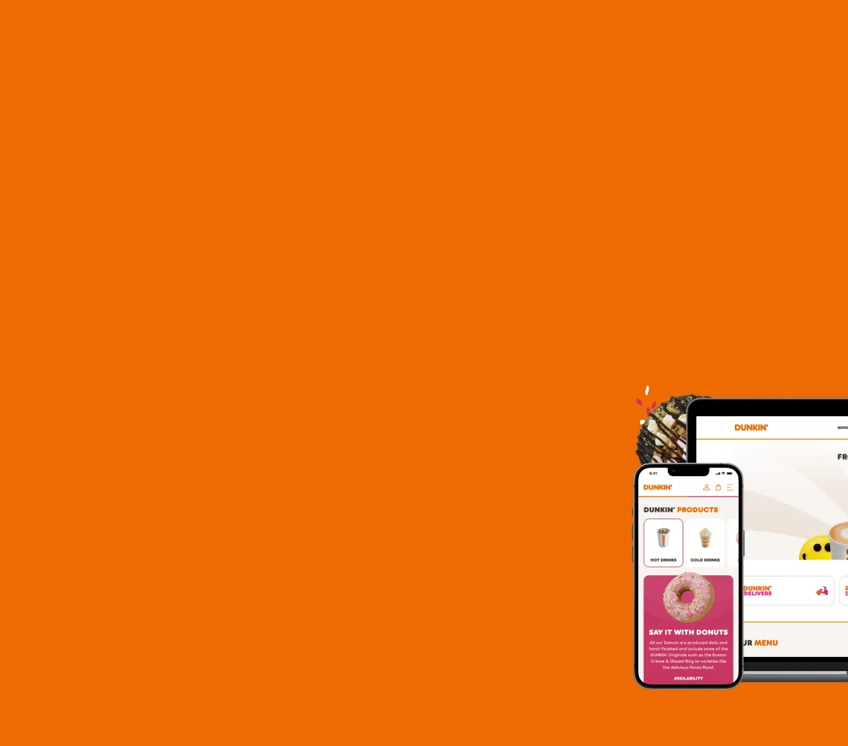 Smartphone and laptop showing the Dunkin' app and website with drink and donut offers.