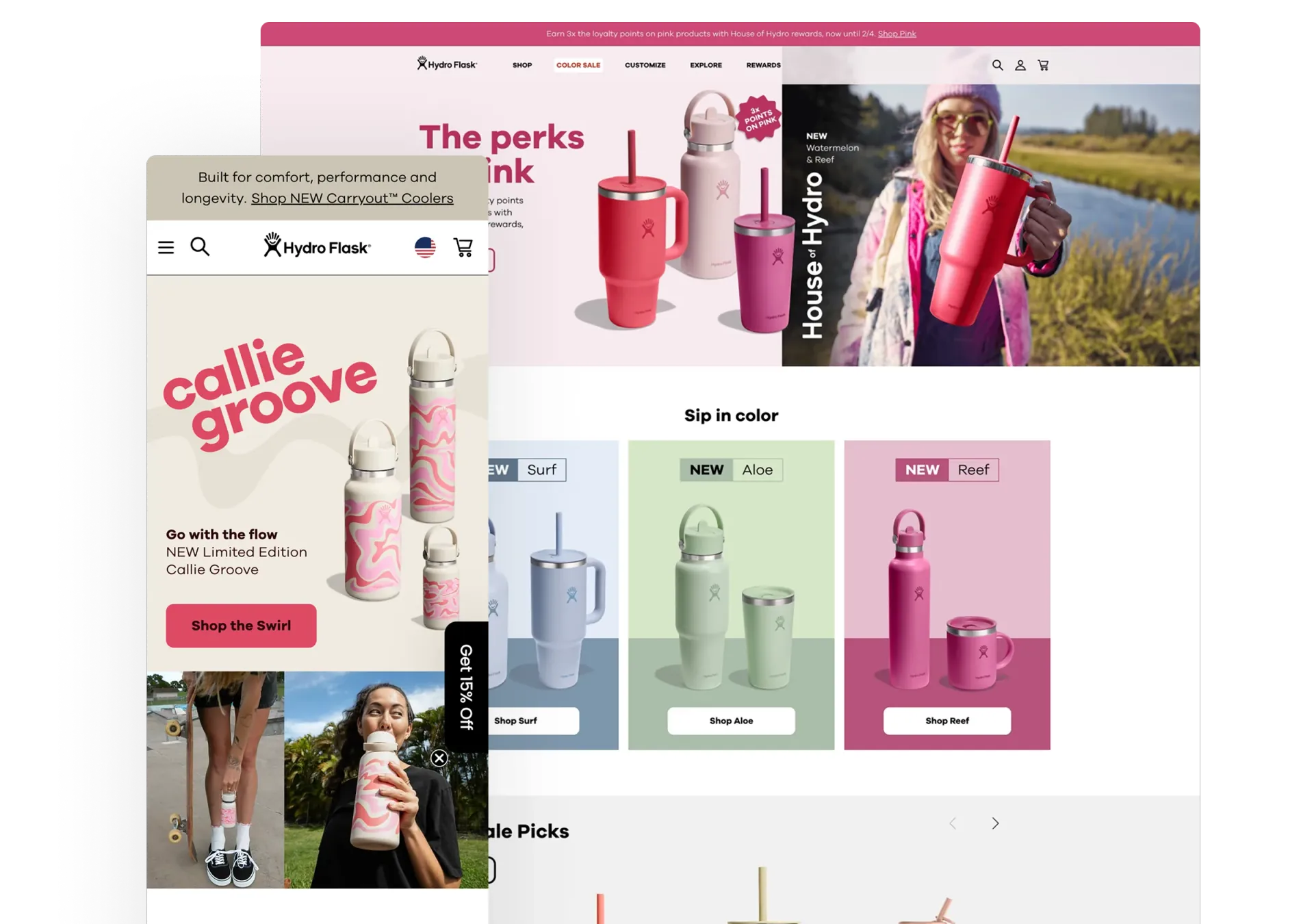 Hydro Flask website showing Callie Groove bottles with pink swirl design and new color collections.