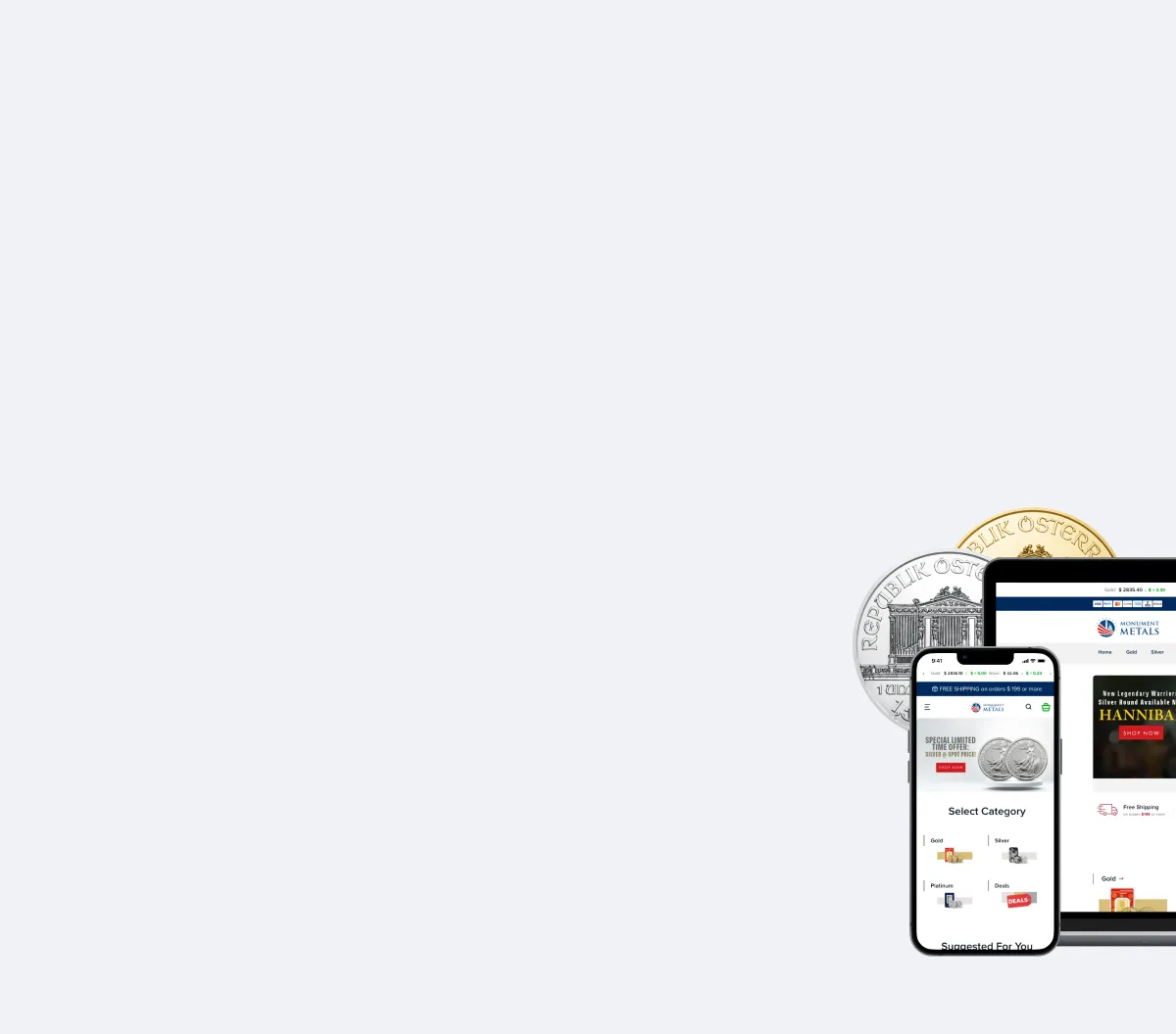 The Monument Metals site on a smartphone and laptop with silver and gold bullion.